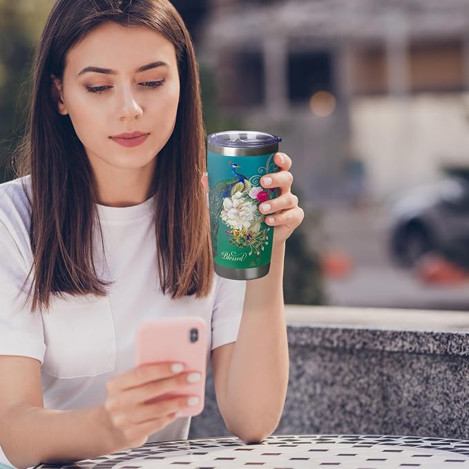 Christian Art Gifts Stainless Steel Double Wall Vacuum Insulated Tumbler 18 oz Peacock Teal Travel Mug with Retractable Lid Inspirational Bible Verse for Women - Blessed Faith -Jeremiah 17:7