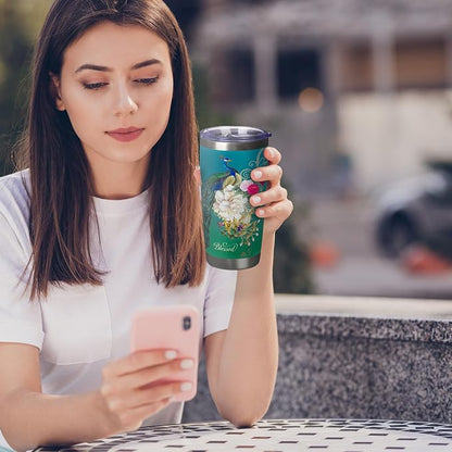 Christian Art Gifts Stainless Steel Double Wall Vacuum Insulated Tumbler 18 oz Peacock Teal Travel Mug with Retractable Lid Inspirational Bible Verse for Women - Blessed Faith -Jeremiah 17:7