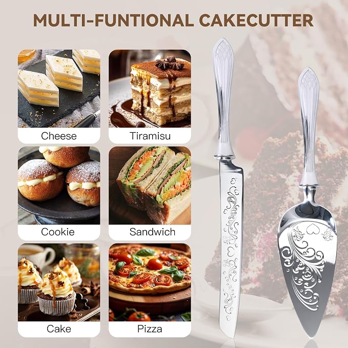 KSENDALO Elegant Wedding Cake Cutting Set with Hollow Handle Cake Knife and Server Set, SUS304(18/8S) Stainless Steel Cutter & Server for Weddings, Birthdays, Parties& Celebrations,13.78 Inch, Silver