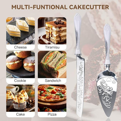KSENDALO Elegant Wedding Cake Cutting Set with Hollow Handle Cake Knife and Server Set, SUS304(18/8S) Stainless Steel Cutter & Server for Weddings, Birthdays, Parties& Celebrations,13.78 Inch, Silver