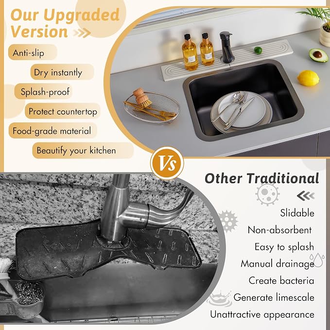 Stone Faucet Mat Handle Drip Catcher, Dish Drying Mat Soap Sponge Holder Tray for Kitchen Accessories, Bathroom Counter Sink Splash Guard, Home Organization Gadgets Organizer for Farmhouse, Ash Gray