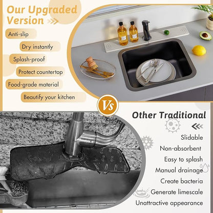 Stone Faucet Mat Handle Drip Catcher, Dish Drying Mat Soap Sponge Holder Tray for Kitchen Accessories, Bathroom Counter Sink Splash Guard, Home Organization Gadgets Organizer for Farmhouse, Ash Gray