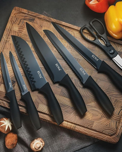 EUNA Kitchen Knife Set, 19 PCS Black Knife Set with Acrylic Block and Sharpener, German High-Carbon Stainless Steel Knife Sets with 6 Serrated Steak Knives, Bread Knife, Chef Knife, Dishwasher Safe