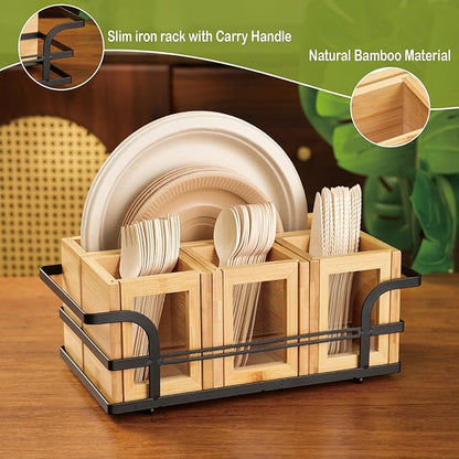 Silverware Caddy Wood Utensil Holder Cutlery Flatware Paper Plate Dispenser Organizer for Spoons Forks Plates Napkins (Acrylic)