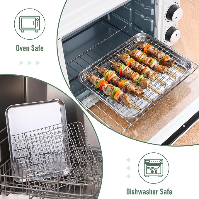 Homikit Cookie Sheet with Rack (1 Pan+1 Rack), 10 x 8 Inch Stainless Steel Small Baking Sheet with Wire Rack Set for Baking Roasting Cooling, Toaster Oven Pan Bacon Tray, Non-Toxic & Dishwasher Safe