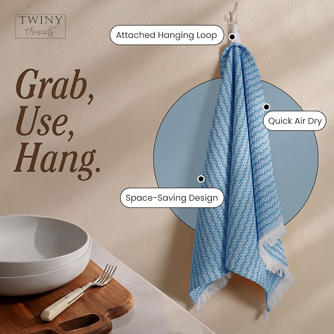 TWINY threads Kitchen Dish Towel Chevron Weave, Large Premium 100% Cotton Kitchen Linen Set, Absorbent Dish Rags for Drying Dishes, Quick Drying Washable Reusable, 12 Pack, 16x26 Inch, Turquiose Blue