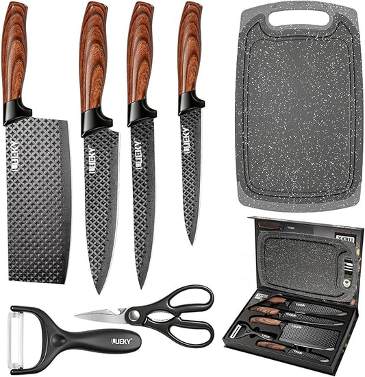 Knife Set, 7 Pieces Kitchen knife Set with Healthy Anti-Rust Coating, Stainless Steel Professional Chef Knife Sets with Elegant Box, Kitchen Knives with Scissors & Peeler & Cutting Board for Cooking