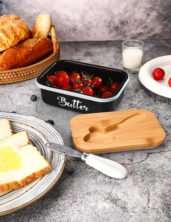 Butter Dish with Lid for Countertop, AISBUGUR Metal Butter Keeper with Stainless Steel Multipurpose Butter Knife, Butter Container with Double High-quality Silicone Good Kitchen Gift Set of 2 Black