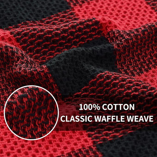 Homaxy 100% Cotton Waffle Weave Check Plaid Dish Cloths, 12 x 12 Inches, Super Soft and Absorbent Dish Towels Quick Drying Dish Rags, 12-Pack, Black & Red