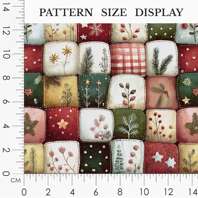 Patchwork Cotton Fabric Panel 61 x 36.6 Inches, Christmas Botanical Squares Quilt Style, 100% Cotton 140 GSM, Sewing Quilting Craft Fabric
