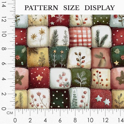 Patchwork Cotton Fabric Panel 61 x 36.6 Inches, Christmas Botanical Squares Quilt Style, 100% Cotton 140 GSM, Sewing Quilting Craft Fabric