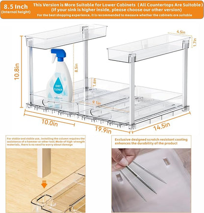 Yieach 2 Pack 14.5″ Deep Pull Out Under Sink Organizer,10.8″ High 2 Tier Slide Out Cabinet Organizer for Kitchen Cabinet,Undersink Organizers,Under Sink Shelves,Bathroom Organizers and Storage,Clear