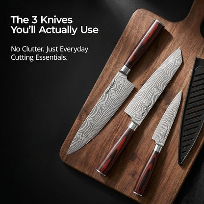 3-Piece Kitchen Knife Set, High Carbon Stainless Steel Sharp Knives with Sheaths - 8" Chef, 7.5" Kiritsuke, 5" Utility Knives for Home Cooks, Cooking, Meat & Vegetables