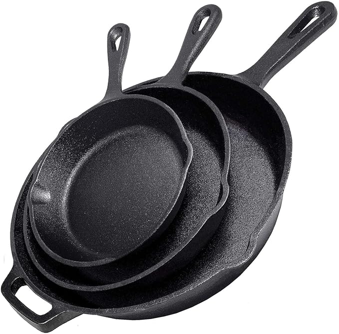 Cast Iron Skillet 3-Piece Set - 12", 10", 8" Heavy-Duty Professional Restaurant Chef Quality Pre-Seasoned Pan Cookware - For Frying, Saute, Cooking, Pizza - Black