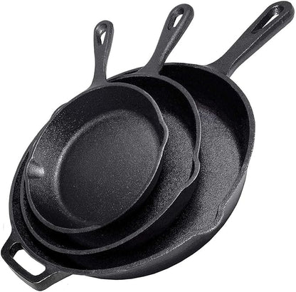 Cast Iron Skillet 3-Piece Set - 12", 10", 8" Heavy-Duty Professional Restaurant Chef Quality Pre-Seasoned Pan Cookware - For Frying, Saute, Cooking, Pizza - Black