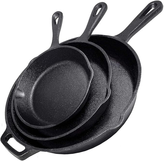 Cast Iron Skillet 3-Piece Set - 12", 10", 8" Heavy-Duty Professional Restaurant Chef Quality Pre-Seasoned Pan Cookware - For Frying, Saute, Cooking, Pizza - Black