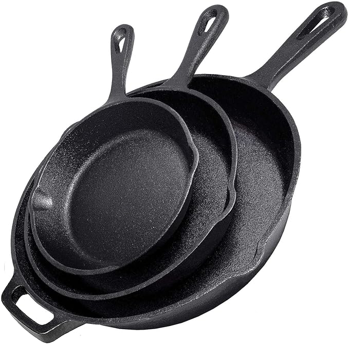 Cast Iron Skillet 3-Piece Set - Heavy-Duty Professional Restaurant Chef Quality Pre-Seasoned Pan Cookware Set - 10", 8", 6.2" - Frying, Saute, Cooking, Pizza & More, Charcoal Grey