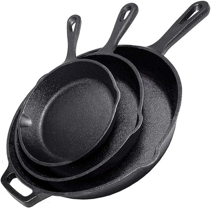 Cast Iron Skillet 3-Piece Set - Heavy-Duty Professional Restaurant Chef Quality Pre-Seasoned Pan Cookware Set - 10", 8", 6.2" - Frying, Saute, Cooking, Pizza & More, Charcoal Grey