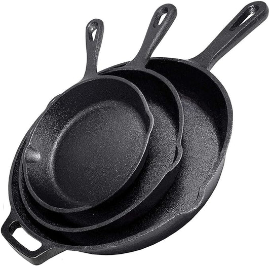 Cast Iron Skillet 3-Piece Set - Heavy-Duty Professional Restaurant Chef Quality Pre-Seasoned Pan Cookware Set - 10", 8", 6.2" - Frying, Saute, Cooking, Pizza & More, Charcoal Grey