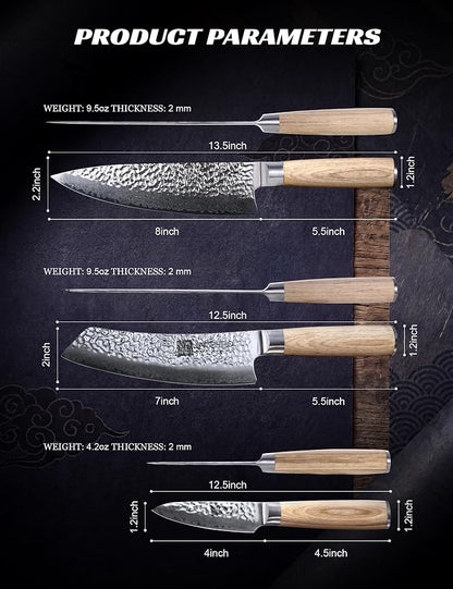 Professional Knife Set - VG-10 67-Layer Damascus Forged Steel, Razor-Sharp Edge Chef Santoku Paring Knifes, Durable Kitchen Cutlery for Home Cooks