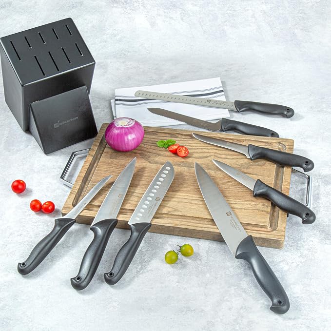 Restaurantware Sensei 8-Piece Knife Set 1 With Colored Coded Pins Professional Knife Set For Chefs - Razor Sharp Stain-Resistant Black German Steel Steel Knife Set Ergonomic Handle