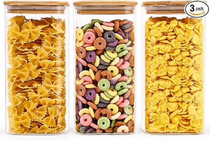 SHOWIN Glass Food Storage Jars Square 51oz, 3 Pack Glass Jars With Bamboo Lids, Kitchen Storage Containers For Spice, Candy, Cookie, Storage For Pantry Organizers