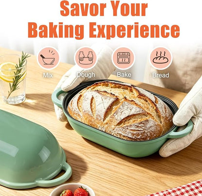 Enameled Cast Iron Sourdough Bread Oven, 2.5 QT Loaf Cast Iron Bread Pan with Lid, Oval Dutch Oven for Homemade Bread Baking, Meatloaf Pan with Lid (Fig Green)