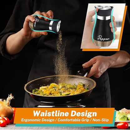 Salt and Pepper Shakers Set,4 oz Glass Bottom Salt Pepper Shaker with Stainless Steel Lid for Kitchen Gadgets Cooking Table, RV, Camp,BBQ Refillable Design (Black)