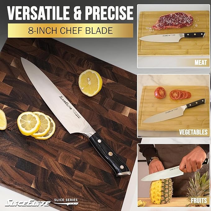 SliceElite Slice Series 8 Inch Chef Knife High Carbon German Steel Blade Pakkawood Handle with Polymer Blade Guard Professional Sharp Kitchen Knife for Meat Cutting Vegetable BBQ Cooking Chopping
