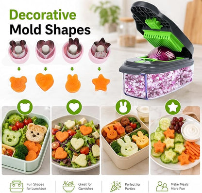 13-in-1 Vegetable Chopper, Full-Function Onion Chopper Slicer Dicer with Decorative Molds, 1.5L Container, Hand Guard and Blade Storage for Party and Lunchbox Prep, Gray Green(Grey & Green)