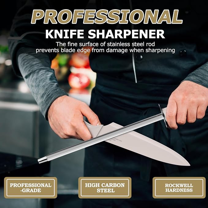 LIANYU Knife Block Set with Sharpener, 15PCS Kitchen Knife Set with Block, Razor Sharp Knives Set for Kitchen, High Carbon Stainless Steel Chef Knife Set, Anti- Rust Blade & Ergonomic Handle, Khaki