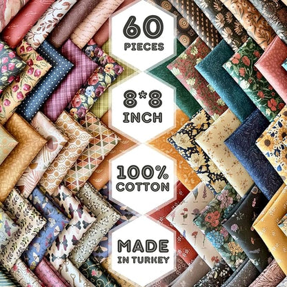 Vintage Floral & Botanical Cotton Fabric Bundle – 60 Pre-Cut Squares (8×8 inch), 100% Cotton 140 GSM, Eco Digital Print, Made in Turkey
