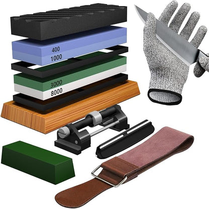 YeopAsda Knife Sharpening Stone Set - Premium 4 Side Grit 400/1000 3000/8000 Whetstone Sharpener Kit - Non-Slip Bamboo Base,Cut Resistant Gloves, Angle Guide,Flatting Stone,Honing Guide,Leather Strop