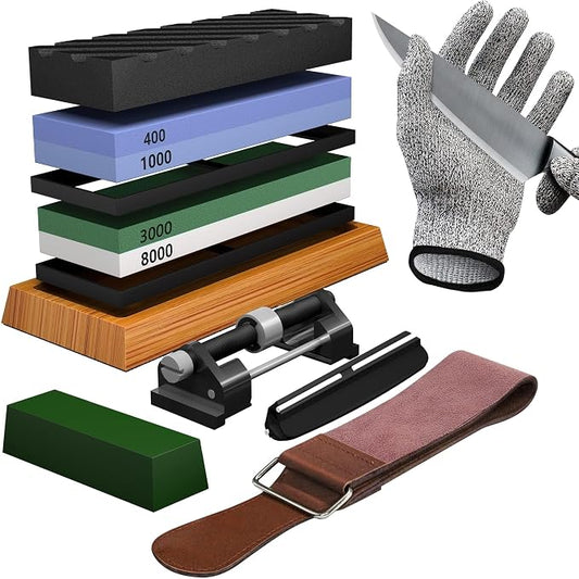 YeopAsda Knife Sharpening Stone Set - Premium 4 Side Grit 400/1000 3000/8000 Whetstone Sharpener Kit - Non-Slip Bamboo Base,Cut Resistant Gloves, Angle Guide,Flatting Stone,Honing Guide,Leather Strop