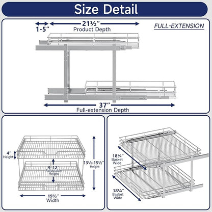 2-Tier Pull Out Cabinet Organizer, 19.5" W x 21.5" D, Heavy Duty Dual Slide Out Shelves for Base Cabinets, Chrome Wire Basket Drawer for Pantry, Kitchen & Bathroom Storage