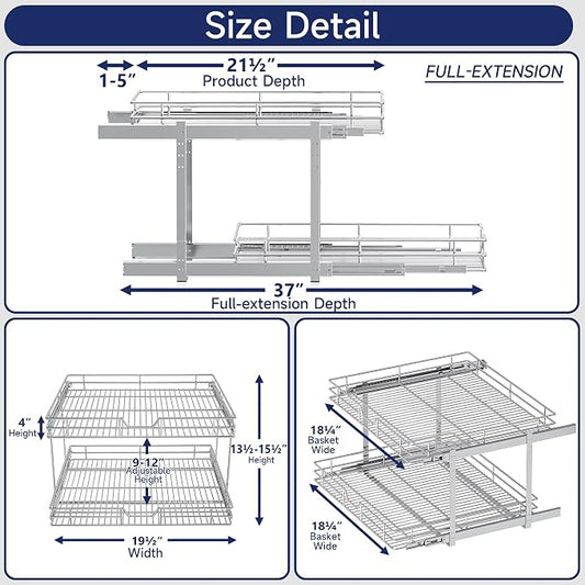 2-Tier Pull Out Cabinet Organizer, 19.5" W x 21.5" D, Heavy Duty Dual Slide Out Shelves for Base Cabinets, Chrome Wire Basket Drawer for Pantry, Kitchen & Bathroom Storage