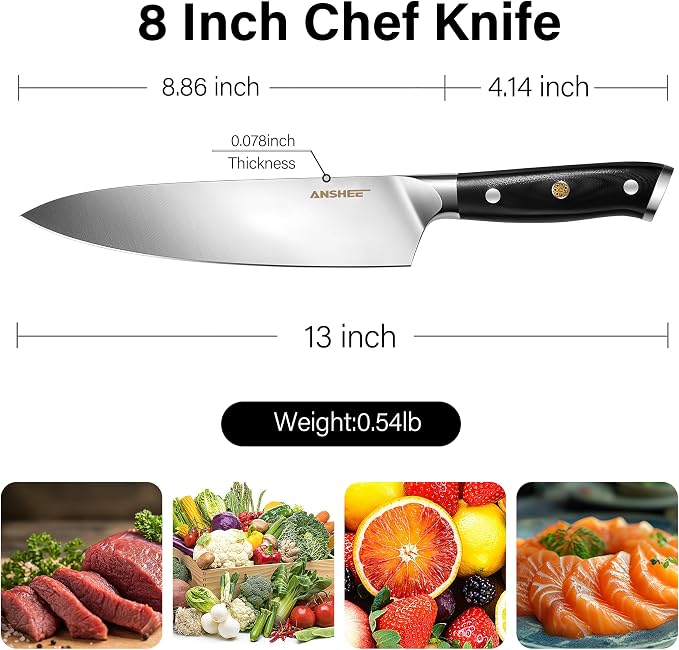 ANSHEE 8 Inch Gyuto Chef Knife - High Carbon Stainless Steel Ultra Sharp Blade,G10 handle Dishwasher Safe, Professional Kitchen Knife for Meat,Vegetables with Sheath Gift Box(Home Cooks & Restaurants)