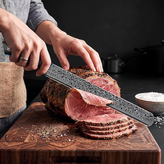 FINTISO Brisket Knife 11.6 Inch, 67-Layer Damascus Steel Carving Knife for Meat, Razor Sharp Japanese Slicing Knives for BBQ Roasts, Turkey, Ergonomic Full Tang G10 Handle - Zeus Series