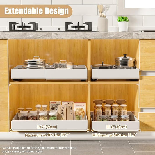Pull Out Cabinet Organizer, Width Expandable (11.7"-19.7") Heavy Duty Slide Out Drawers Fixed with Adhesive Nano Film for Pots, Roll Out Shelf Storage For Kitchen,Pantry,Garage,Bathroom Storage