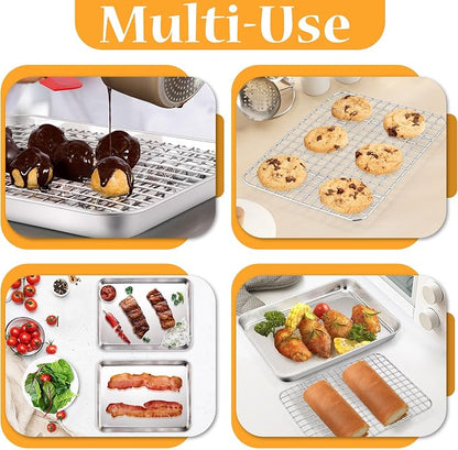 TeamFar Toaster Oven Pan with Rack Set, 9 x 7 x 1 Inch Stainless Steel Mini Baking Pan Tray with Grid Rack for Baking Roasting Cooling, Non-Toxic & Heavy-Duty, Dishwasher Safe, (2 Pans + 2 Racks)