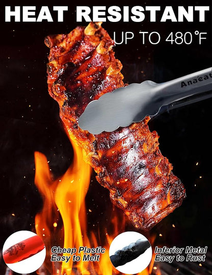 Anaeat Premium Stainless Steel Kitchen Tong, 12" Sturdy Coiled Spring Locking Food Tong with Non-Slip Silicone Grip for Cooking, Baking, Grilling, BBQ - Heat Resistant up to 480°F (Black)