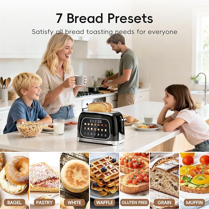 Toaster 2 Slice, Touch Screen Wide Slot Retro Toaster for Bagel & Thick Breads, Stainless Steel Smart Digital Toasters, 7 Bread Modes & 7 Browning Levels, Mute Mode, Memory, Defrost & Reheat, Black