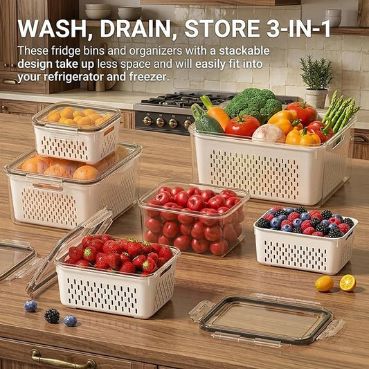 Fruit storage containers for fridge，with detachable drainer basket and airtight seal, stackable produce organizer, prolongs freshness of berries, greens, meats