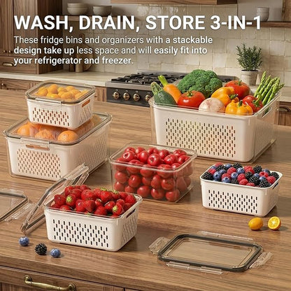 Fruit storage containers for fridge，with detachable drainer basket and airtight seal, stackable produce organizer, prolongs freshness of berries, greens, meats