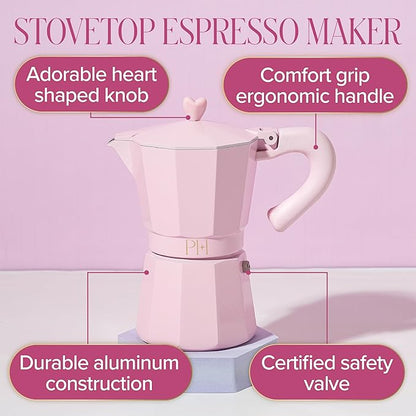 Paris Hilton Stovetop Espresso and Coffee Maker, Italian & Cuban Style Coffee Pot with Iconic Heart Knob, Perfect for Rich Aromatic Espresso, Makes up to 6 Espresso Cups, Pink