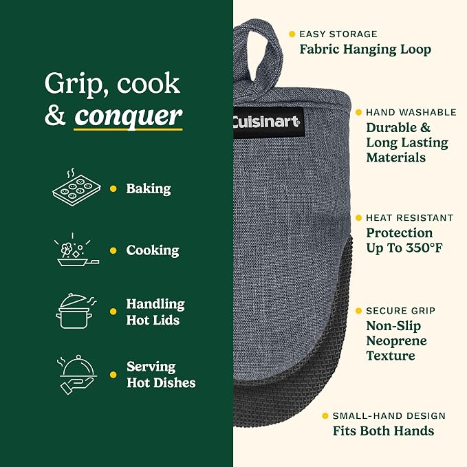 Cuisinart Mini Oven Mitts – 5.5” x 7” Heat-Resistant Kitchen Mitts for Oven with Non-Slip Neoprene Palm, Cotton Filling, and Fabric Loop – Durable Oven Mitt Set for Cooking & Baking (Chambray)