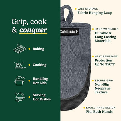 Cuisinart Mini Oven Mitts – 5.5” x 7” Heat-Resistant Kitchen Mitts for Oven with Non-Slip Neoprene Palm, Cotton Filling, and Fabric Loop – Durable Oven Mitt Set for Cooking & Baking (Chambray)
