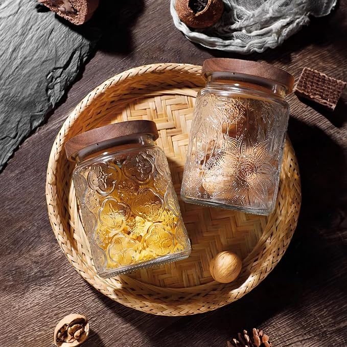 Custde Glass Storage Jars With Airtight Lid, 23.7oz Container For Kitchen Counter with Wooden Lid, brown sugar, candy, coffee, cookie, salt, tea, cute Jar (Sunflower*2)