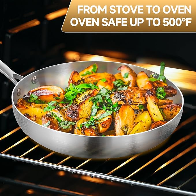 Inqibee 8.5 Inch Stainless Steel Frying Pan with Lid, Tri-Ply Skillet, Induction Compatible Cooking Pan, Dishwasher Safe, Oven Safe, Small Fry Pan for Gas, Electric & Ceramic Cooktops