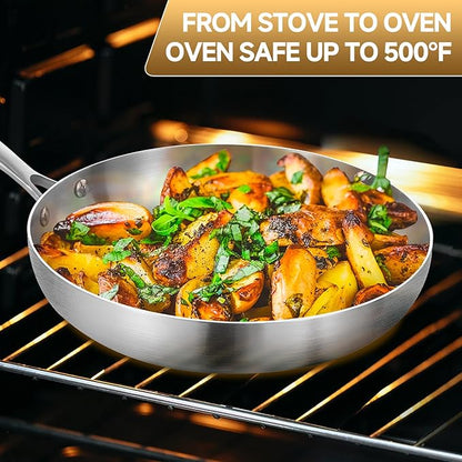 Inqibee 8.5 Inch Stainless Steel Frying Pan with Lid, Tri-Ply Skillet, Induction Compatible Cooking Pan, Dishwasher Safe, Oven Safe, Small Fry Pan for Gas, Electric & Ceramic Cooktops